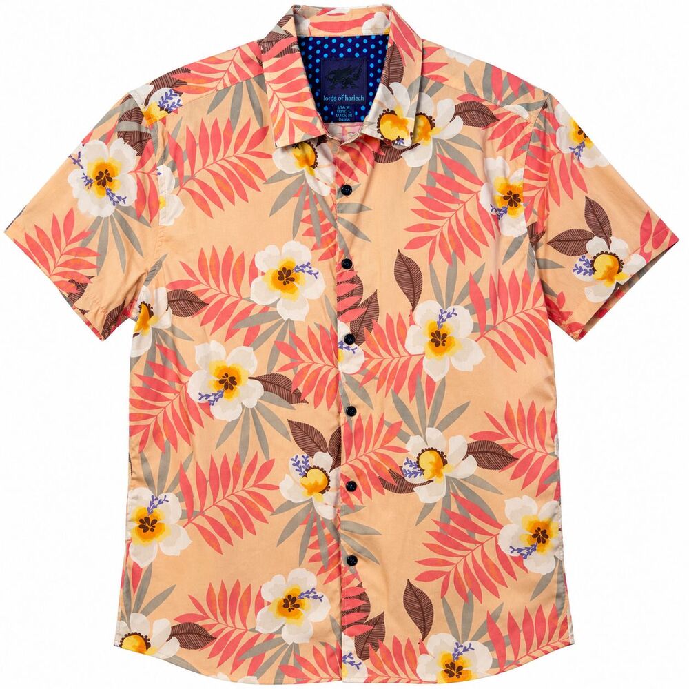 Lords Of Harlech Shirt Men's Medium Beige Floral Hawaiian Short Sleeve Cotton